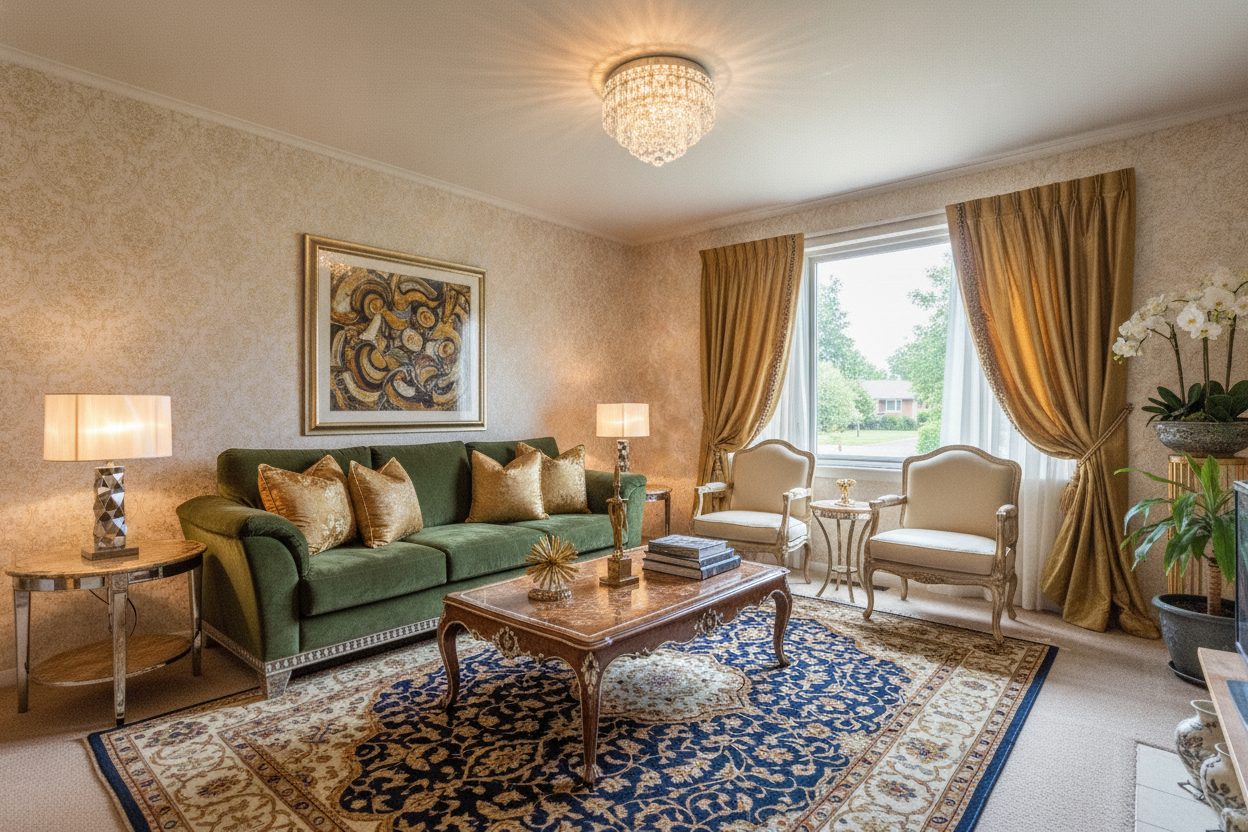 The same living room restyled by AI into a warm Scandinavian interior with light oak and bouclé.