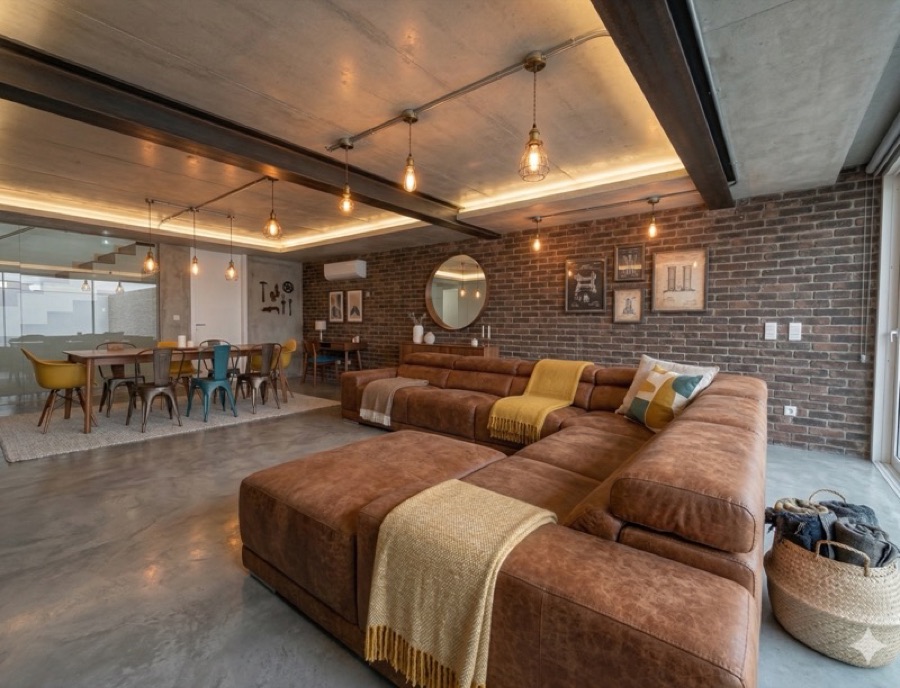 A room restyled in Industrial design — exposed brick, steel, and Edison-bulb glow.