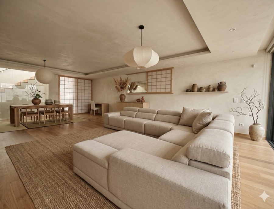 A room restyled in Japandi design — quiet wood, paper, and jute.