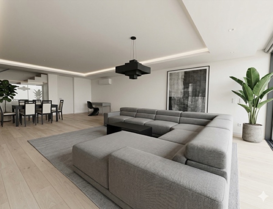 A room restyled in Modern Minimalist design — monochrome palette and clean lines.