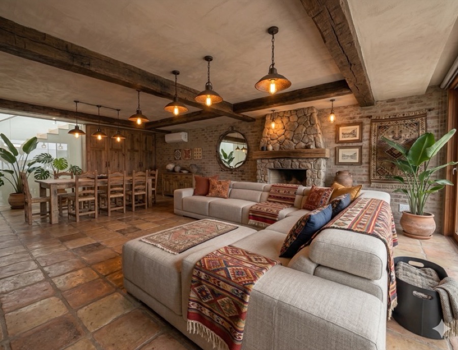 A room restyled in Rustic design — timber, terracotta, and stone.