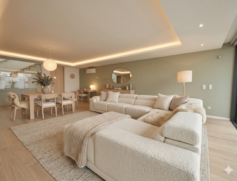 A living room restyled in Scandinavian design — light oak, bouclé textures, warm calm.